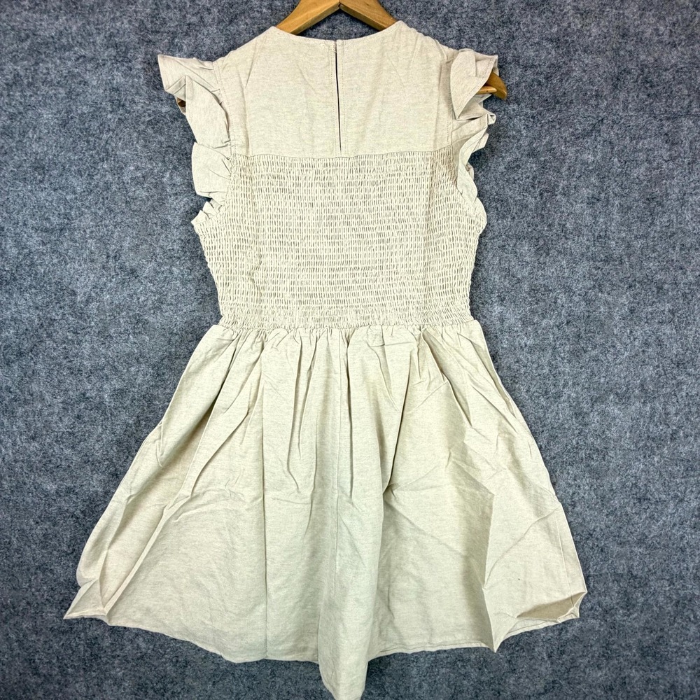 English Factory Mini Dress Womens Medium Beige Smocked Ruffle Neutral Minimalist - Picture 2 of 9